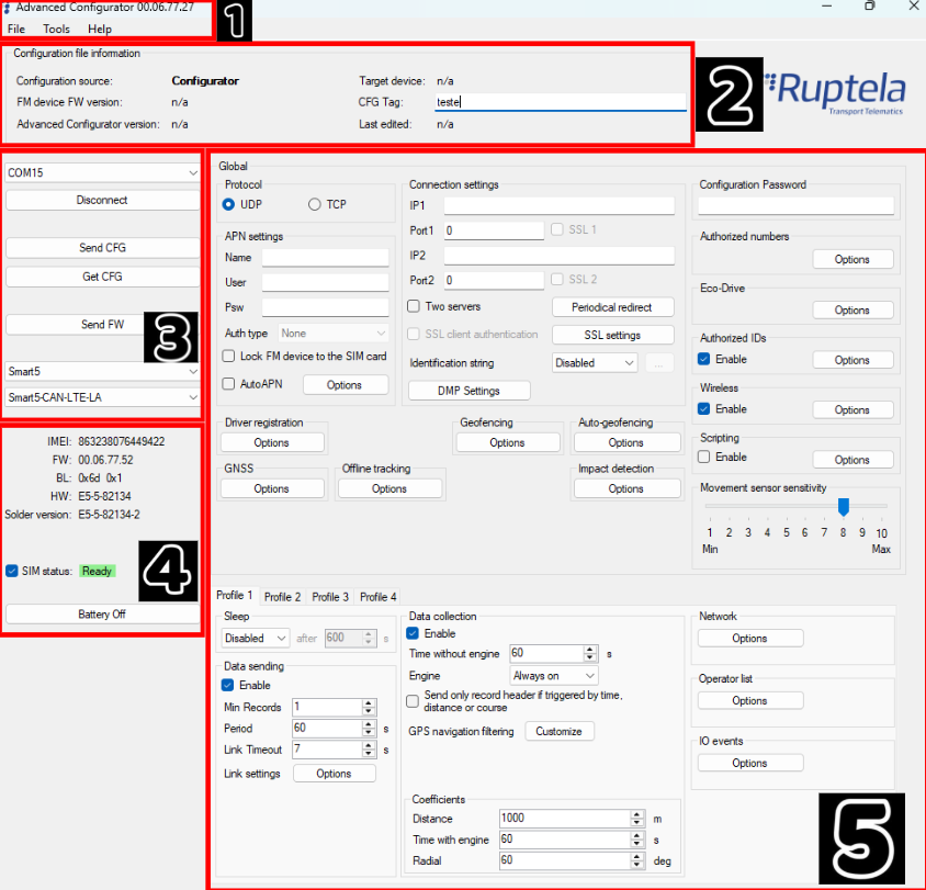Tela inicial do Configurador Avançado da Ruptela para o Smart5